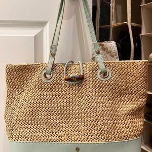 Spartina Woven Tan and Lt Blue Tote Bag